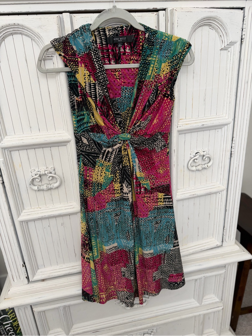 Nine West Multicolor Knot-Front Cap-Sleeve Dress in Pink, Teal, Yellow & Black